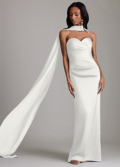 Azazie Sonora Vestidos de damas de honor Vestido de Blanco de Satén Elástico de Corte Recto con Sin tirantes image8