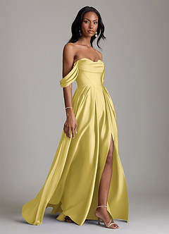 Azazie Loisa Abiti da Damigella Abito A-Line in Raso Elasticizzato a Spalla Scoperta Canarino image12