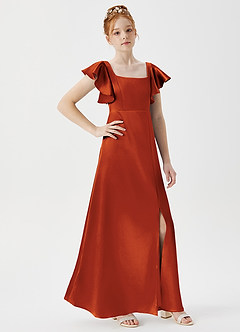 Azazie Bondi Junior Paprika A-Line Side Slit Metallic Satin Dress image3