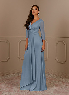 Azazie Annetta Mother of the Bride Dresses Dusty Blue A-Line V-Neck Pleated Mesh Dress image2