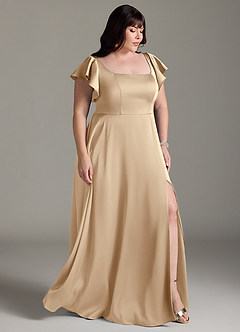 Azazie Bondi Bridesmaid Dresses Champagne A-Line Bow Stretch Satin Dress image10