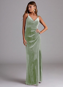 Azazie Leo Robes de demoiselle d'honneur Robe Fourreau en velours Plissée Vert Sauge image4