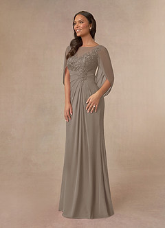 Azazie Hera Mother of the Bride Dresses Taupe A-Line Lace Capelet Chiffon Dress image2