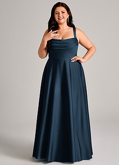 Azazie Shaude Bridesmaid Dresses Dark Navy A-Line Pleated Stretch Satin Dress image9