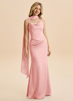 Azazie Sorrel Junior Powder Pink Mermaid Ruched Stretch Satin Dress image3