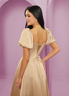 Barbie ♥ Azazie Bridesmaid Dresses Champagne A-Line Ruched Stretch Satin Dress image6
