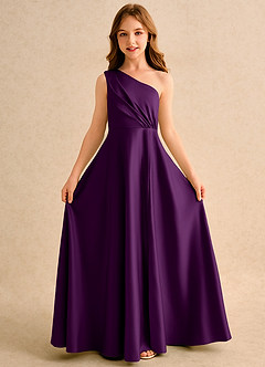 Azazie Puddles Girls Formal Flower Girl Dresses Grape A-Line One Shoulder Matte Satin Dress image5