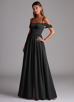 Azazie Calianna Bridesmaid Dresses Black A-Line Off the Shoulder Stretch Satin Convertible Dress image3