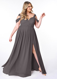 Azazie Lianne Abiti da Damigella Abito A-Line in Chiffon a Spalla Scoperta Grigio Acciaio image10