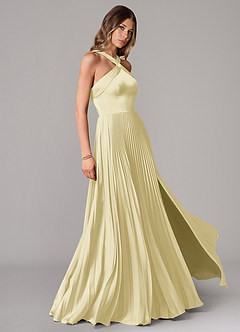 Azazie Afra Abiti da Damigella Abito A-Line in Raso Elasticizzato Plissettato Sorbetto Al Limone image3