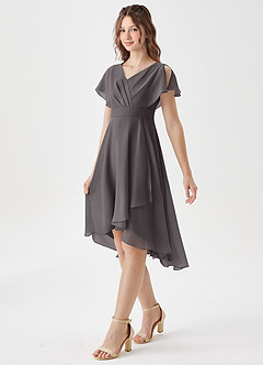 Azazie Graciela Junior Steel Grey A-Line Pleated Chiffon Dress image4