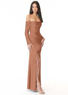 Azazie Hallie Bridesmaid Dresses Bronzer Sheath Off-The-Shoulder Long Sleeve Stretch Satin Convertible Dress image5