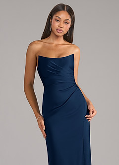 Azazie Marla Vestidos de damas de honor Vestido de Azul Marino Oscuro de Satén Elástico de Corte Recto Convertible con Sin tirantes image2
