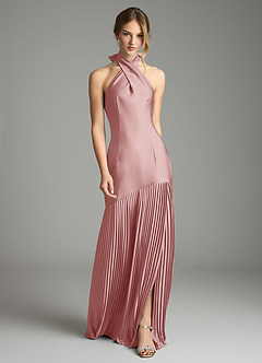 Azazie Nayeli Jurken voor bruidsmeisjes Jurk van Stretch Satijn met A-Lijn Geplooid Stoffige Roos image1