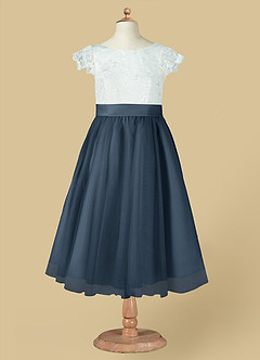 Azazie Vetty vestidos de niña de las flores Vestido de Marfil Azul Petróleo de Tul de Corte En A con Encaje image12