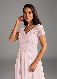 Azazie Dunja Mother of the Bride Dresses Blushing Pink A-Line V-Neck Lace Chiffon Dress image6