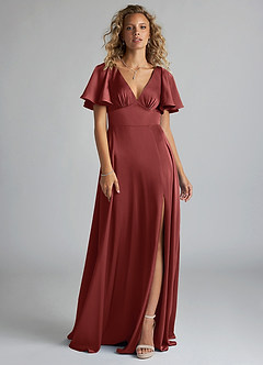 Azazie Kimber Robes de demoiselle d'honneur Robe Trapèze en Satin extensible Drapé Terracotta image3