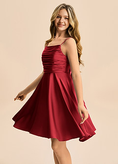 Azazie Miko Junior Scarlet A-Line Pleated Stretch Satin Dress image7