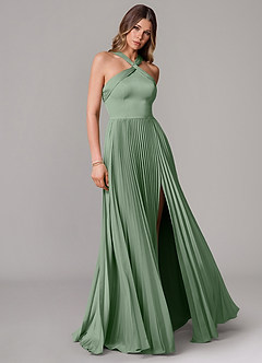Azazie Afra Bridesmaid Dresses Matcha A-Line Pleated Stretch Satin Dress image1