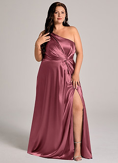 Azazie Brooke Bridesmaid Dresses Desert Rose A-Line One Shoulder Metallic Satin Dress image12