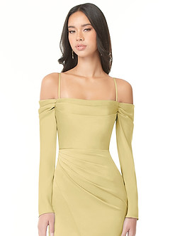 Azazie Hallie Bridesmaid Dresses Lemon Sorbet Sheath Off-The-Shoulder Long Sleeve Stretch Satin Convertible Dress image2