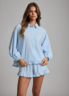 front Pyjamaset van lyocell-katoen met ruches en knoopsluiting, los model.