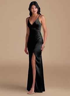Azazie Shania Bridesmaid Dresses Black Sheath Pleated Metallic Satin Dress image6