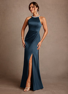 Azazie Lawrence Mother of the Bride Dresses Dark Navy A-Line Pleated Stretch Satin Dress image2