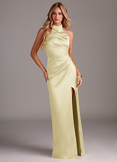 Azazie Jemma Bridesmaid Dresses Lemon Sorbet Sheath Pleated Stretch Satin Dress image3