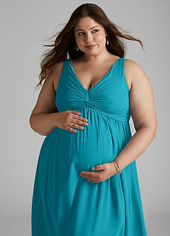 Azazie Yetta Maternity Bridesmaid Dresses A-Line V-Neck Gathered Chiffon Floor-Length Dress image8