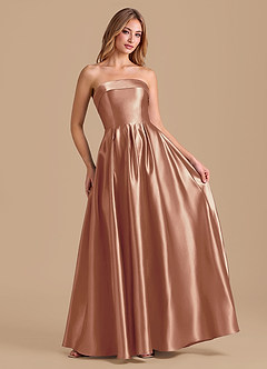 Azazie Lucienne 신부 들러리 드레스 A라인 주름진 메탈릭 새틴 바닥 길이 드레스 image3