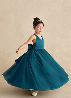 Azazie Peanut Robe Demoiselle D'honneur Fillette Robe Trapèze en Tulle Bretelle Bleu Encre image5