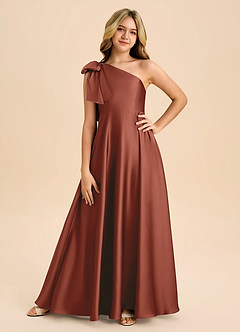 Azazie Penguin Junior Vestido de Castaño de Satén Elástico de Corte en A con Lazo image3