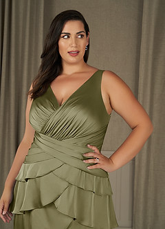 Azazie Viola Mother of the Bride Dresses Pistachio A-Line Pleated Stretch Satin Dress image9