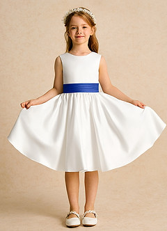 Azazie Sosie Blumenmädchenkleider A-Linie Plissee Matte Satin Kleid Elfenbein Königsblau image2