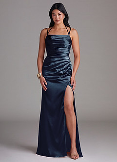 Desi Navy Sheath Pleated Metallic Satin Dress image1