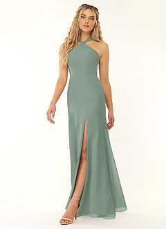 Azazie Rue Vestidos de damas de honor Vestido de Salvia Plateada de Gasa de Corte en A con Halter image5