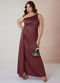 Azazie Mika Bridesmaid Dresses Sangria Sheath One Shoulder Stretch Satin Dress image8