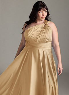 Azazie Charlize Bridesmaid Dresses Gold A-Line One Shoulder Stretch Satin Dress image7