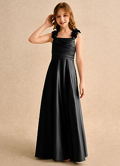 Azazie Rosita Girls Formal Jurken voor bloemenmeisjes A-Lijn Jurk van Mat Satijn Geplooid Zwart image6