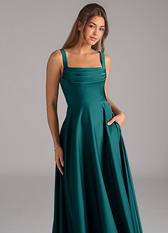 Azazie Shaude Robes de demoiselle d'honneur Robe Trapèze en Satin extensible Plissée Paon image2