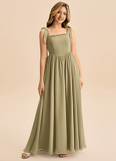 Azazie Delia Junior Abito A-Line in Chiffon Fiocco Verde Muschio image1