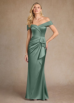 Azazie Laredo Mother of the Bride Dresses Eucalyptus Mermaid Off the Shoulder Stretch Satin Dress image3