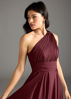 Azazie Charlize Bridesmaid Dresses Cabernet A-Line One Shoulder Stretch Satin Dress image15