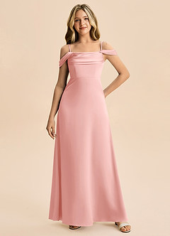 Azazie Lettie Junior Powder Pink A-Line Off the Shoulder Stretch Satin Dress image4