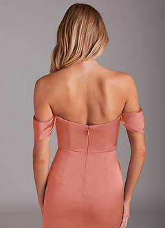 Azazie Saige Bridesmaid Dresses Salmon Pink Mermaid Off the Shoulder Stretch Satin Dress image7