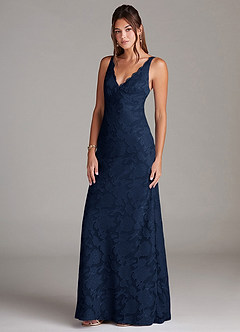 Azazie Tianna Bridesmaid Dresses Dark Navy Sheath Lace Floral Burnout Dress image4