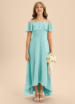 Azazie Maggie Junior Aqua A-Line Off the Shoulder Chiffon Dress image1