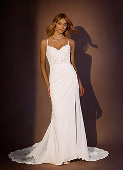 Azazie Rosalina Wedding Dresses Diamond White Mermaid V-Neck lace Crepe Back Satin Dress image3