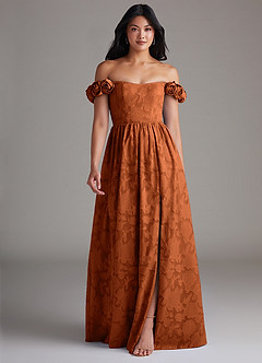 Azazie Autumn Vestidos de madrinha de casamento Vestido Laranja Queimada de Esgotamento Floral de Linha A com Fora do ombro image1